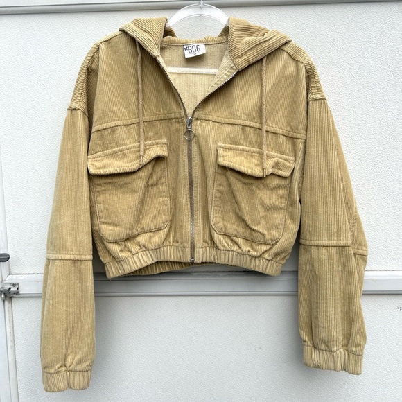 Urban Outfitters BDG Corduroy Jacket Pockets Hoodie Cropped Oversized Tan Sz XS - Picture 6 of 10